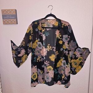Black and Yellow Flowy Floral Blouse with Bell Sleeves